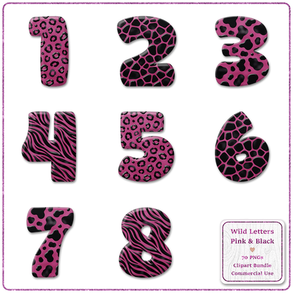 Pink Animal Print Letters & Numbers Clipart Bundle 70 PNGs
