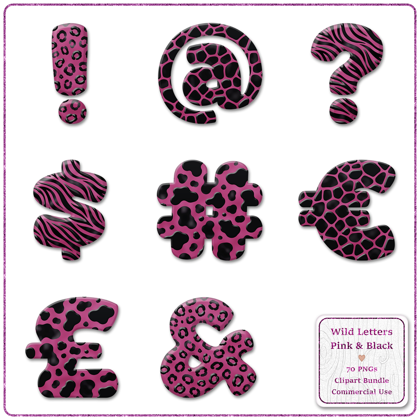 Pink Animal Print Letters & Numbers Clipart Bundle 70 PNGs