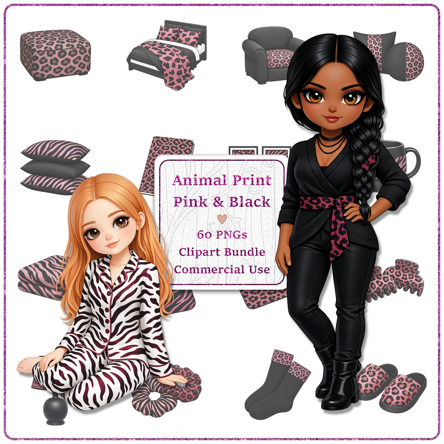 Animal Print Pink & Black Clipart Bundle 60 PNGs
