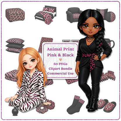 Animal Print Pink & Black Clipart Bundle 60 PNGs