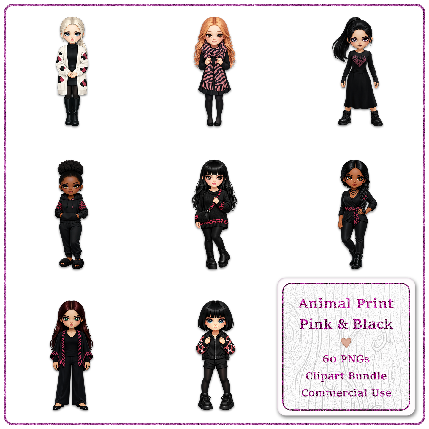 Animal Print Pink & Black Clipart Bundle 60 PNGs