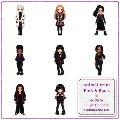 Animal Print Pink & Black Clipart Bundle 60 PNGs