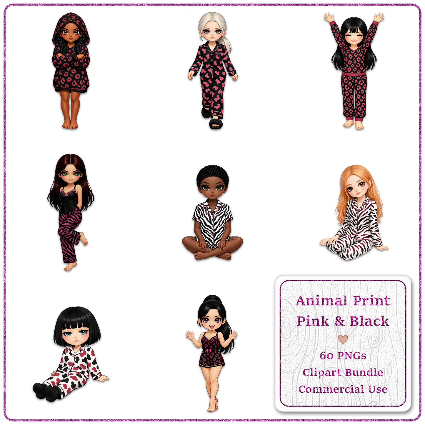 Animal Print Pink & Black Clipart Bundle 60 PNGs