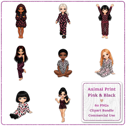 Animal Print Pink & Black Clipart Bundle 60 PNGs