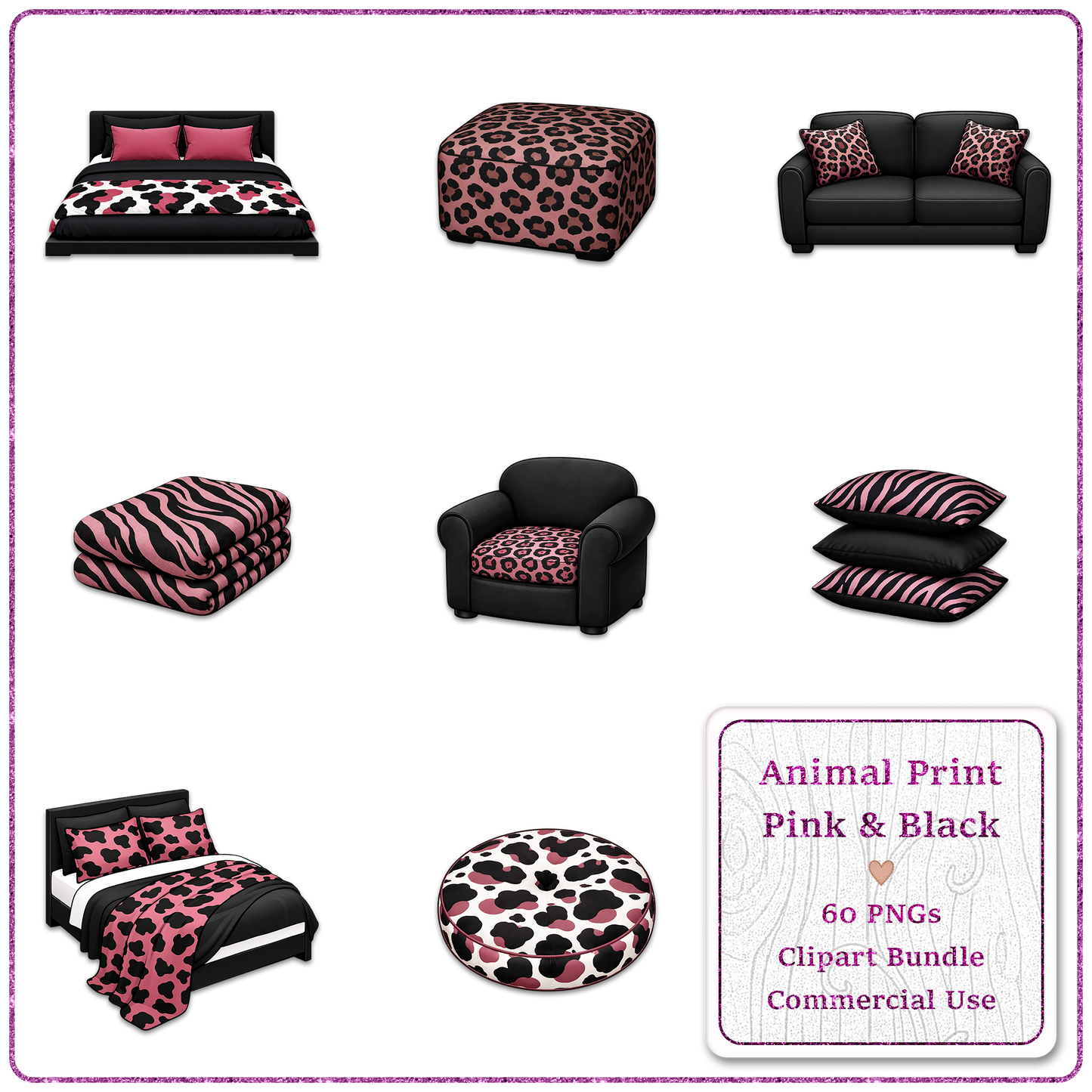 Animal Print Pink & Black Clipart Bundle 60 PNGs