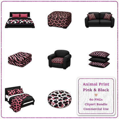 Animal Print Pink & Black Clipart Bundle 60 PNGs