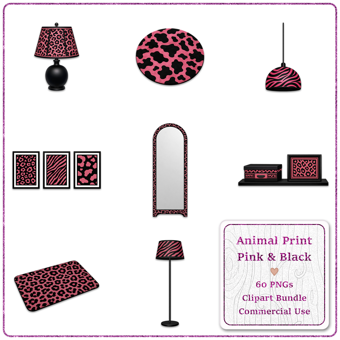 Animal Print Pink & Black Clipart Bundle 60 PNGs