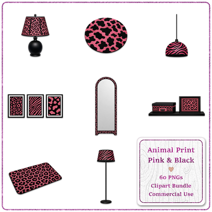 Animal Print Pink & Black Clipart Bundle 60 PNGs