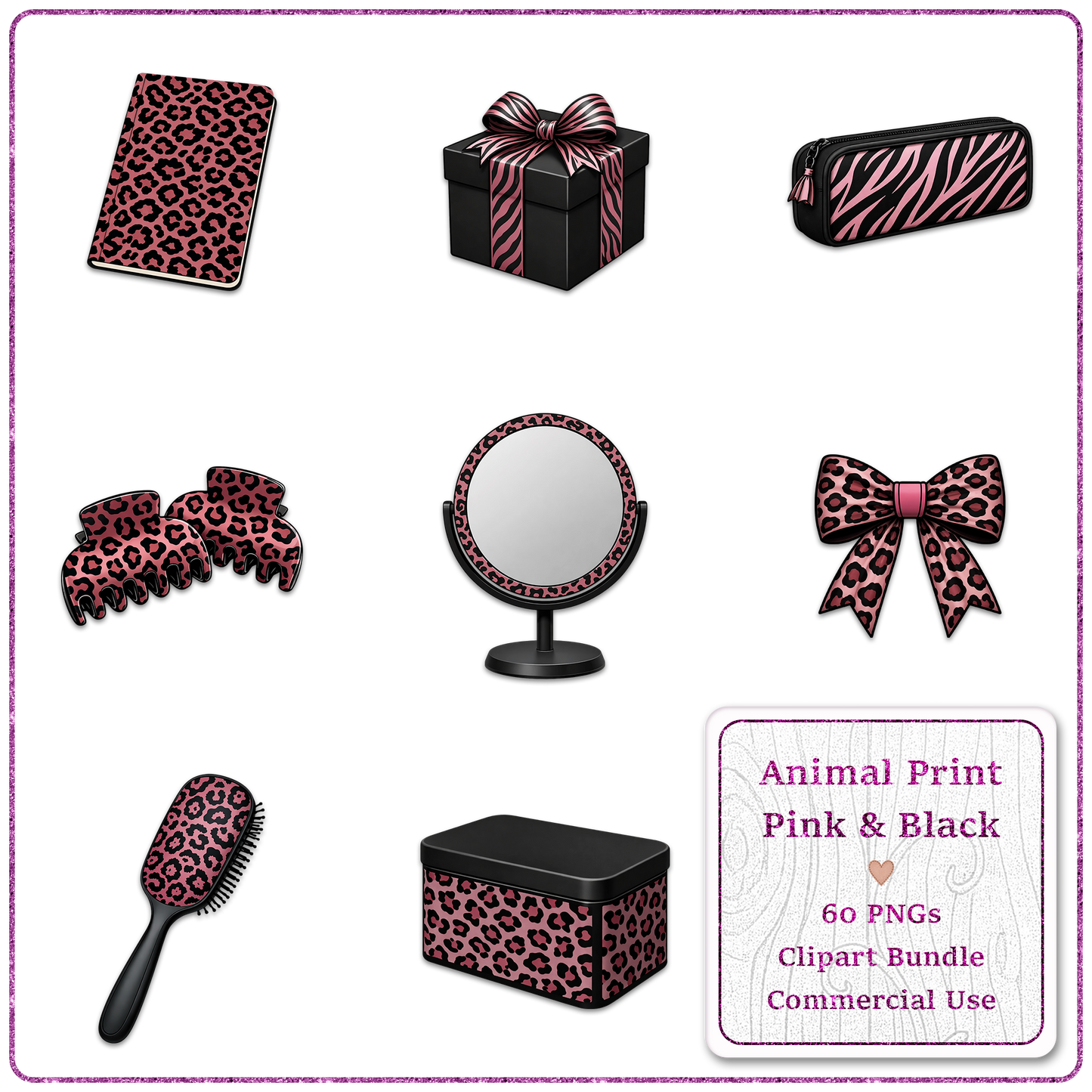Animal Print Pink & Black Clipart Bundle 60 PNGs