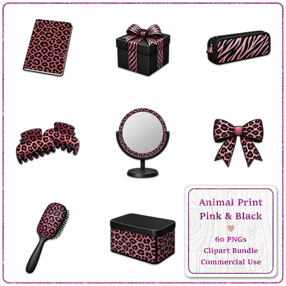 Animal Print Pink & Black Clipart Bundle 60 PNGs