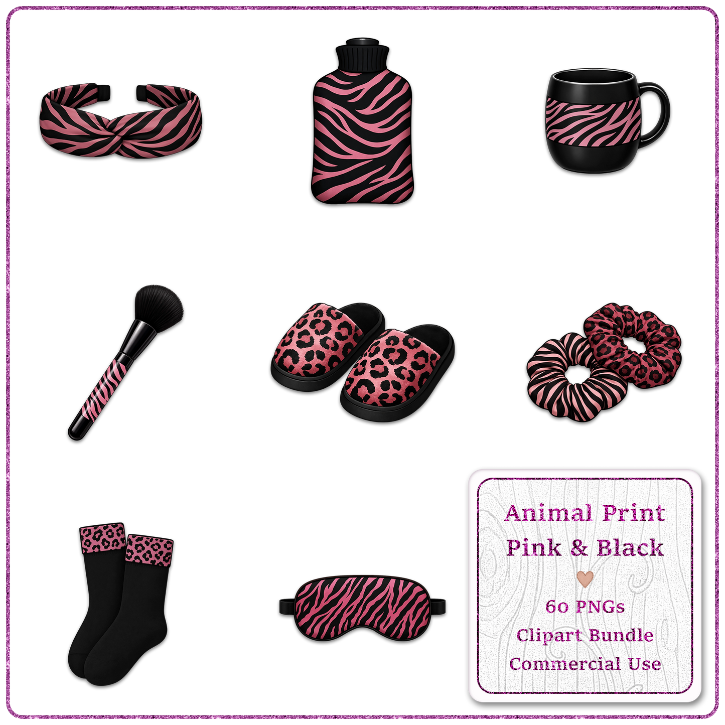 Animal Print Pink & Black Clipart Bundle 60 PNGs