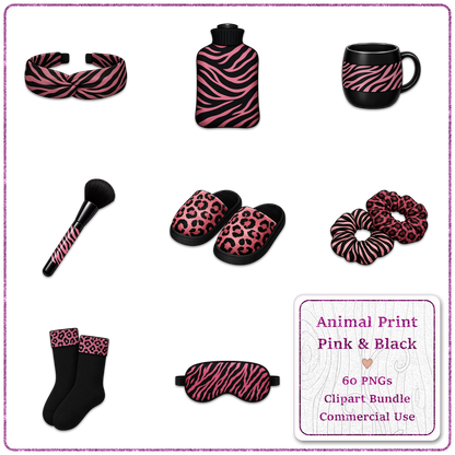 Animal Print Pink & Black Clipart Bundle 60 PNGs