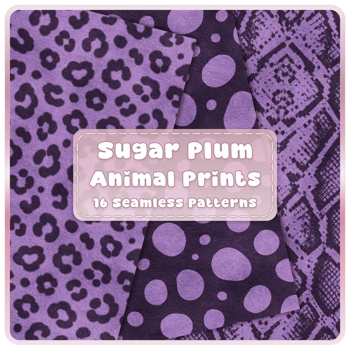 Sugar Plum animal print seamless patterns with purple leopard polka dot and snakeskin digital papers