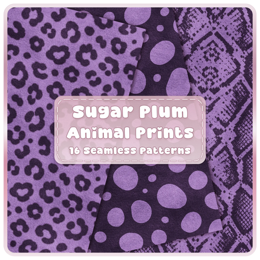 Sugar Plum animal print seamless patterns with purple leopard polka dot and snakeskin digital papers