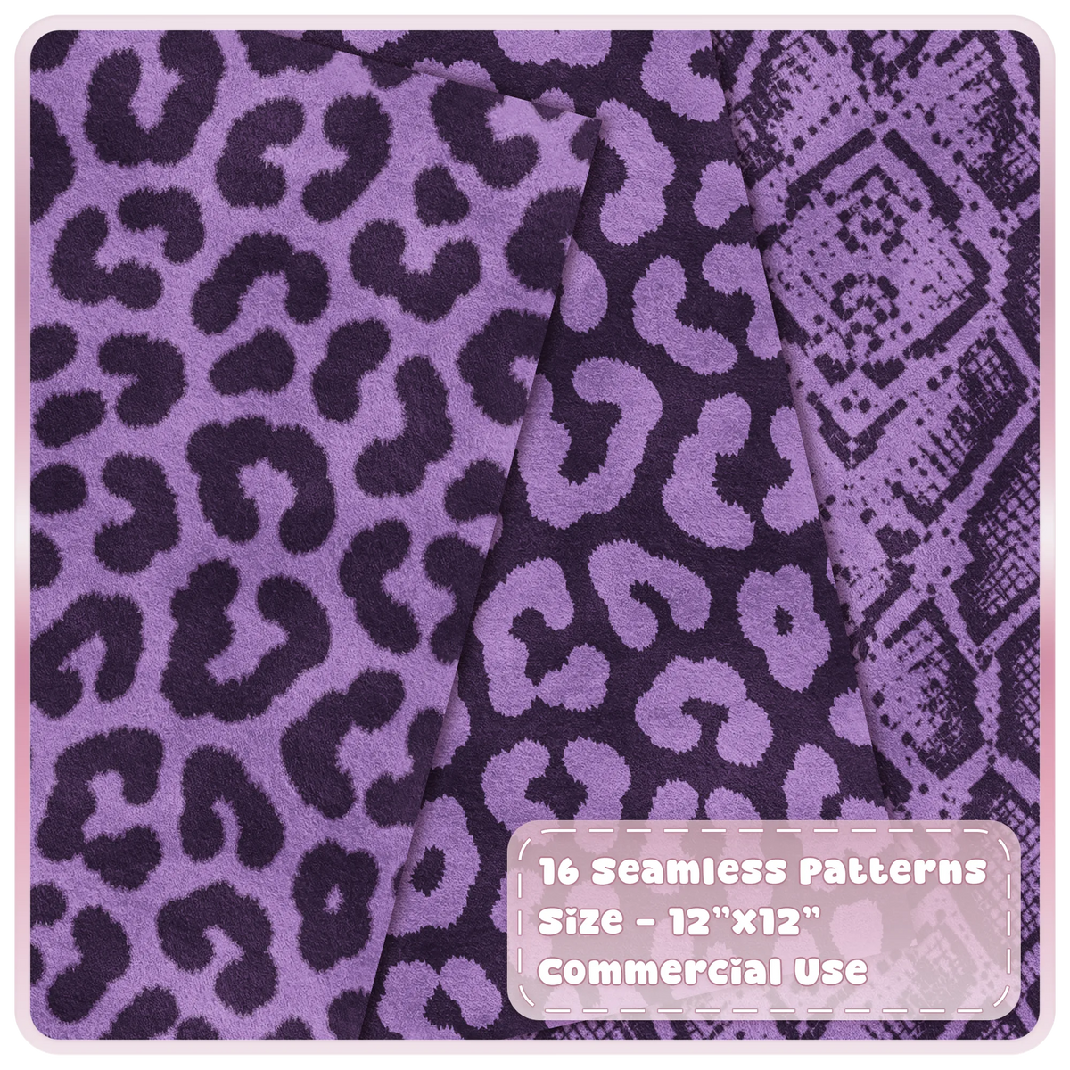 Sugar Plum leopard print and snakeskin seamless digital papers in lilac purple and dark aubergine