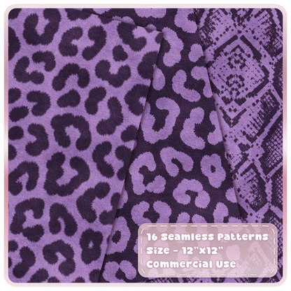 Sugar Plum leopard print and snakeskin seamless digital papers in lilac purple and dark aubergine