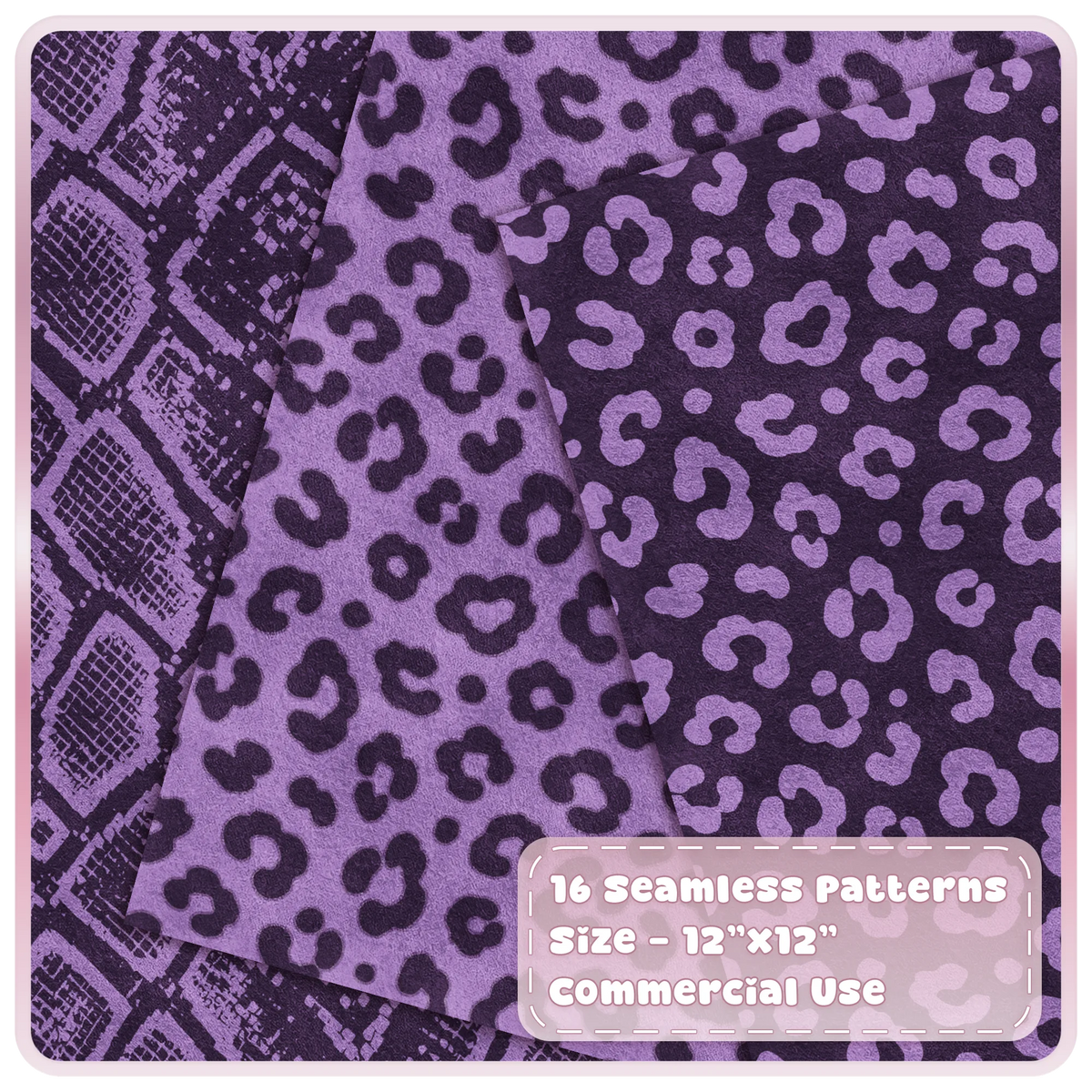 Purple leopard print and python snakeskin seamless patterns in Sugar Plum and deep violet tones