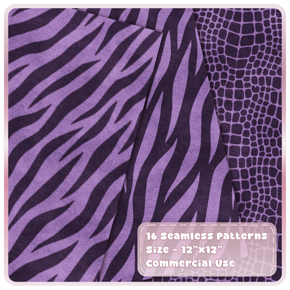 Sugar Plum zebra stripe and crocodile skin seamless animal print digital papers in purple tones