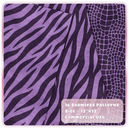 Sugar Plum zebra stripe and crocodile skin seamless animal print digital papers in purple tones
