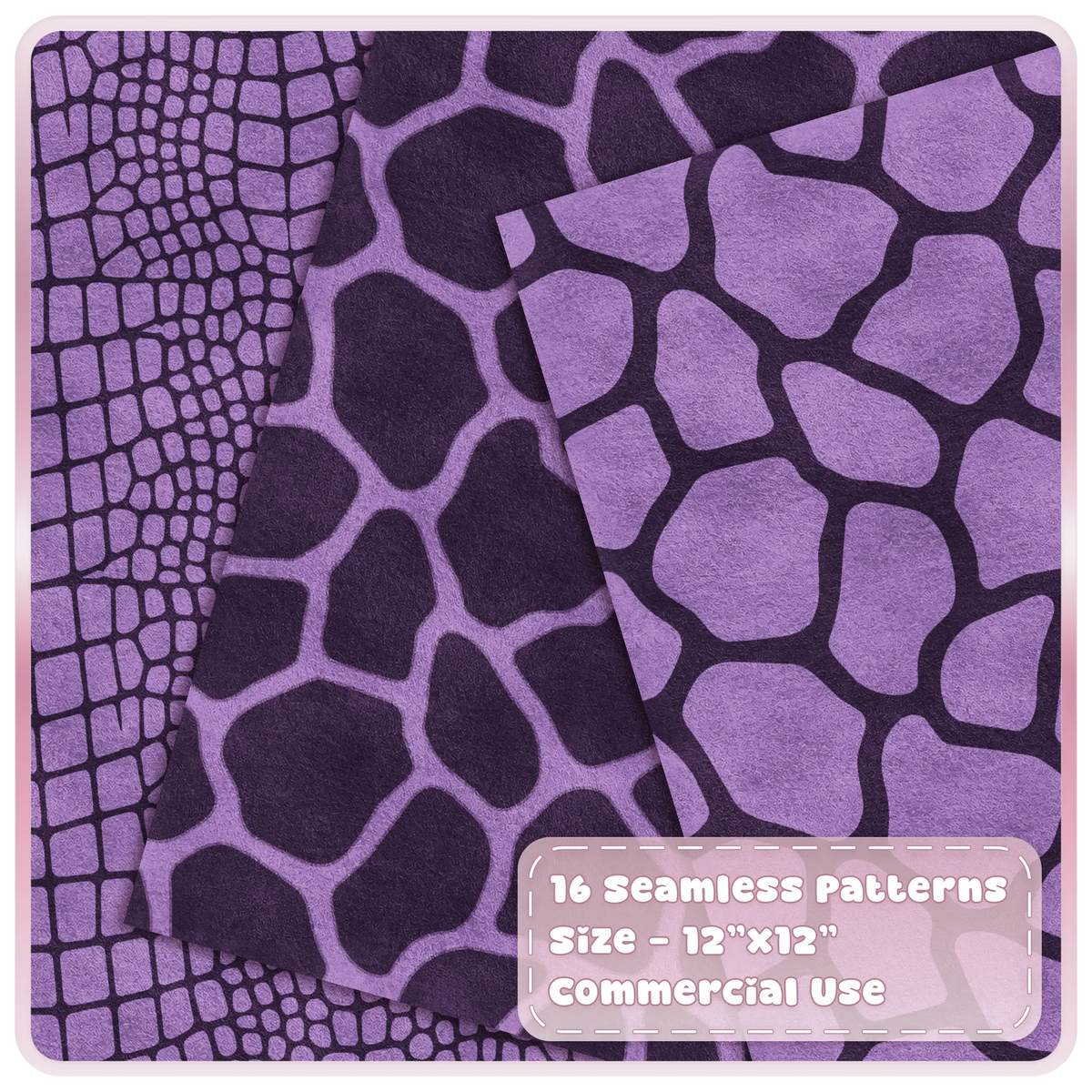 Sugar Plum crocodile and giraffe print seamless digital papers in lilac and dark purple