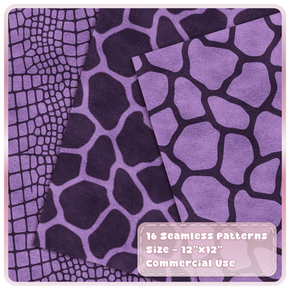 Sugar Plum crocodile and giraffe print seamless digital papers in lilac and dark purple