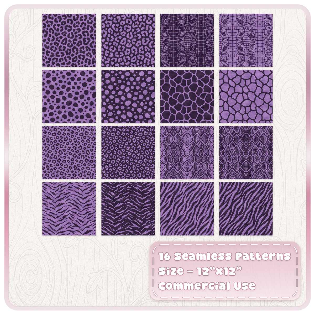 Set of 16 Sugar Plum animal print seamless patterns with leopard zebra snake giraffe and crocodile prints