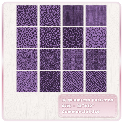 Set of 16 Sugar Plum animal print seamless patterns with leopard zebra snake giraffe and crocodile prints