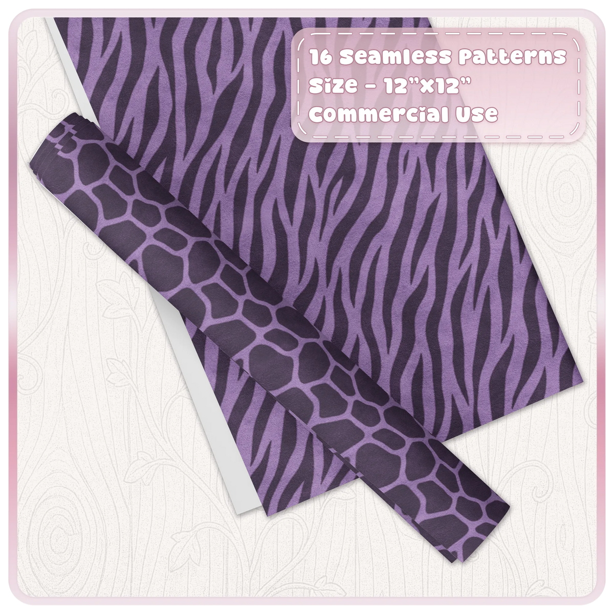 Sugar Plum zebra and giraffe seamless animal print digital papers shown as coordinating craft sheets