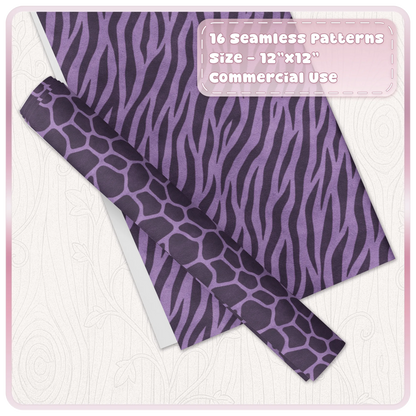 Sugar Plum zebra and giraffe seamless animal print digital papers shown as coordinating craft sheets