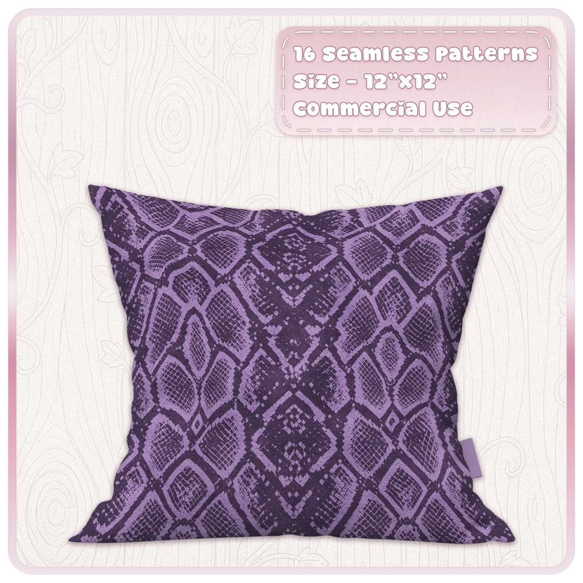 Sugar Plum purple snakeskin seamless animal print pattern displayed on a decorative cushion mockup