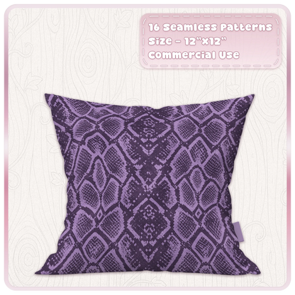 Sugar Plum purple snakeskin seamless animal print pattern displayed on a decorative cushion mockup