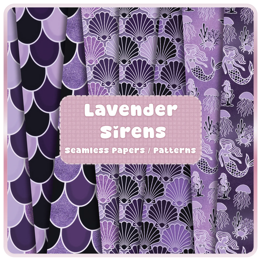 Lavender mermaid seamless patterns bundle featuring fish scales, seashells, and ocean designs in purple and lilac tones, digital paper pack preview