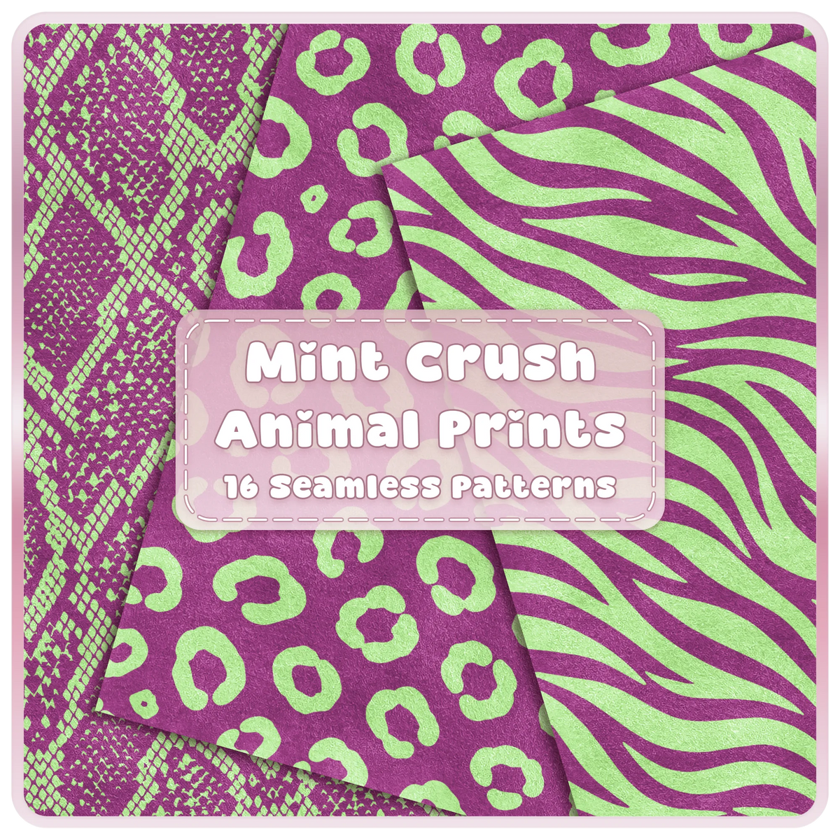 Mint Crush green and raspberry animal print seamless patterns featuring snake, leopard and zebra digital papers