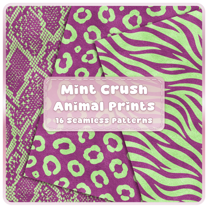 Mint Crush green and raspberry animal print seamless patterns featuring snake, leopard and zebra digital papers