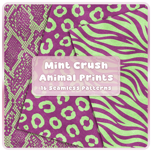 Mint Crush green and raspberry animal print seamless patterns featuring snake, leopard and zebra digital papers