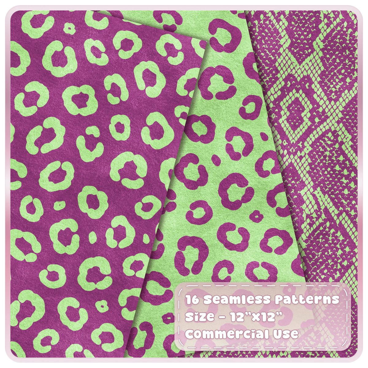 Raspberry pink and mint green leopard print and snakeskin seamless digital papers from the Mint Crush collection