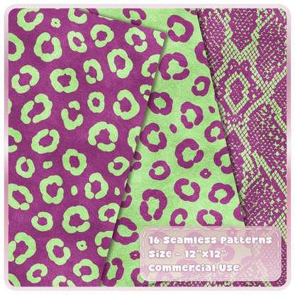 Raspberry pink and mint green leopard print and snakeskin seamless digital papers from the Mint Crush collection