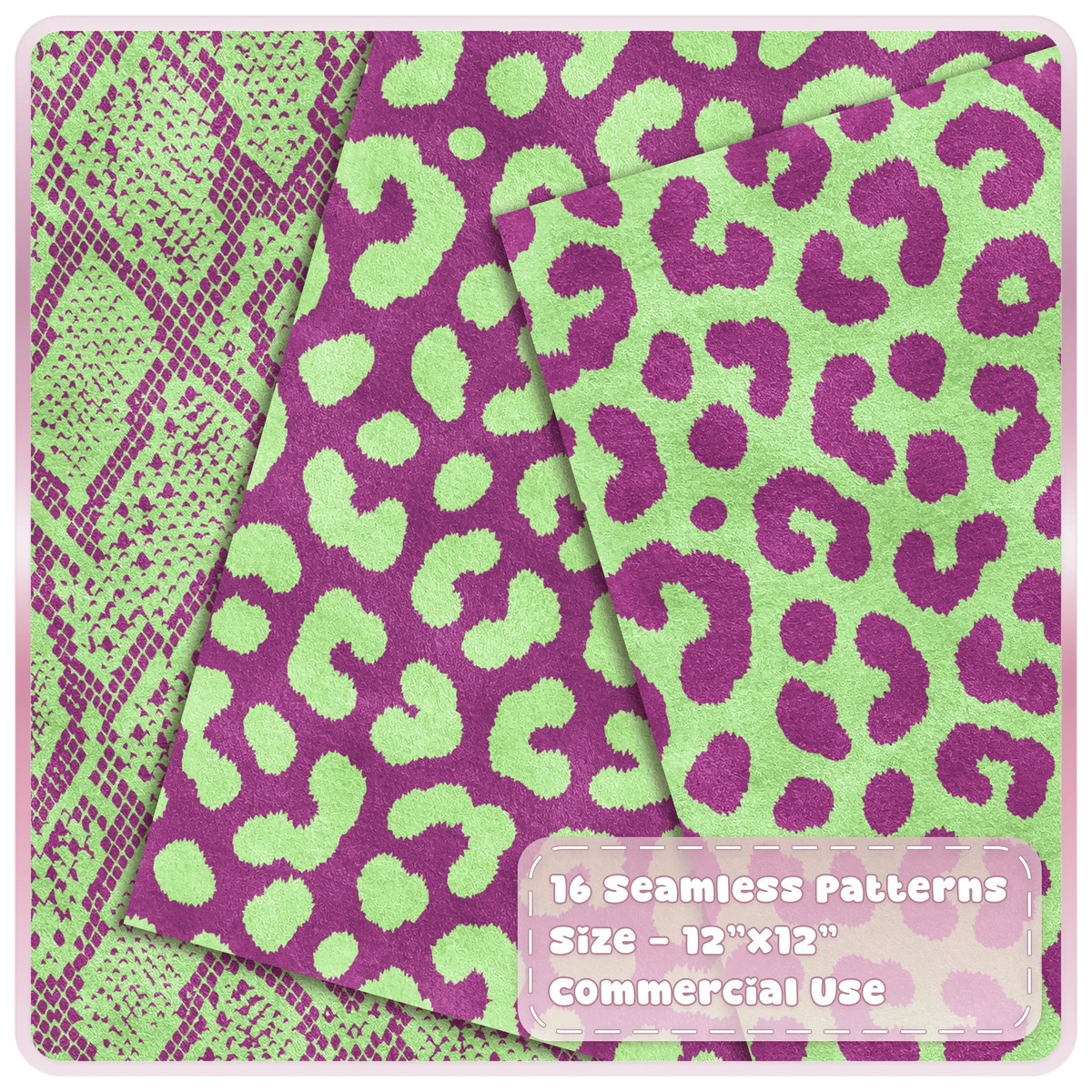 Green and raspberry snakeskin and leopard seamless patterns shown as layered textured animal print digital papers
