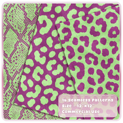 Green and raspberry snakeskin and leopard seamless patterns shown as layered textured animal print digital papers