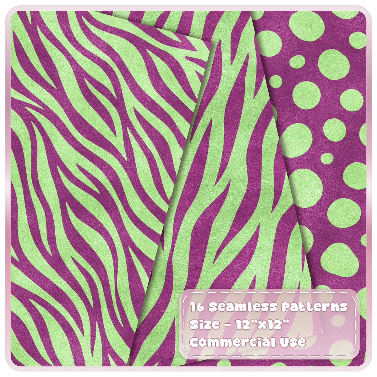Mint green and raspberry zebra stripe and spotted animal print seamless digital papers from the Mint Crush collection
