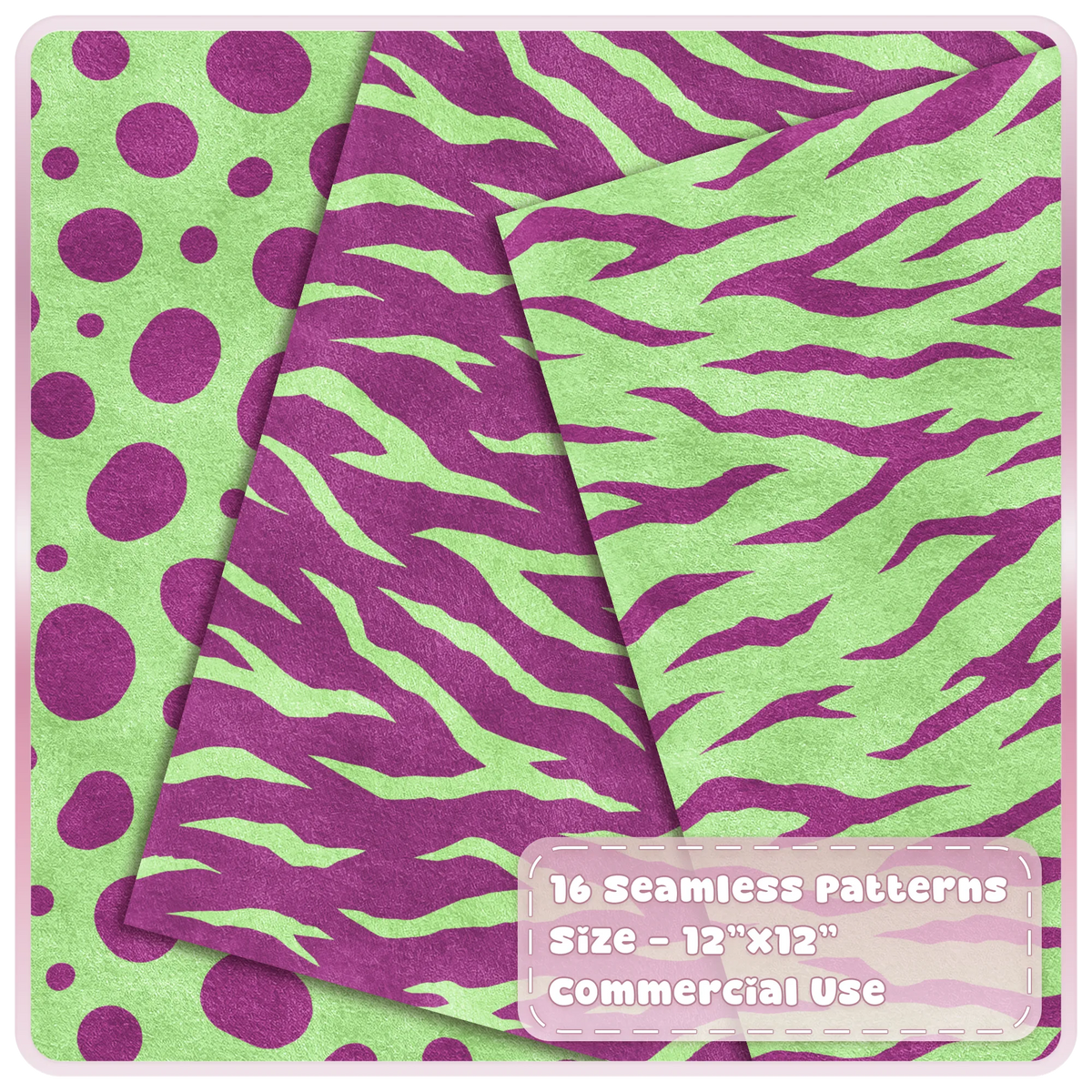 Green and raspberry spotted and tiger stripe seamless animal print patterns shown as layered textured digital papers
