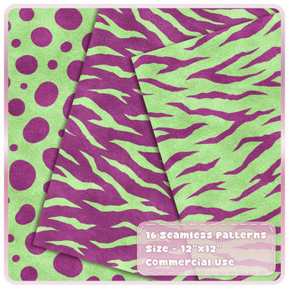 Green and raspberry spotted and tiger stripe seamless animal print patterns shown as layered textured digital papers