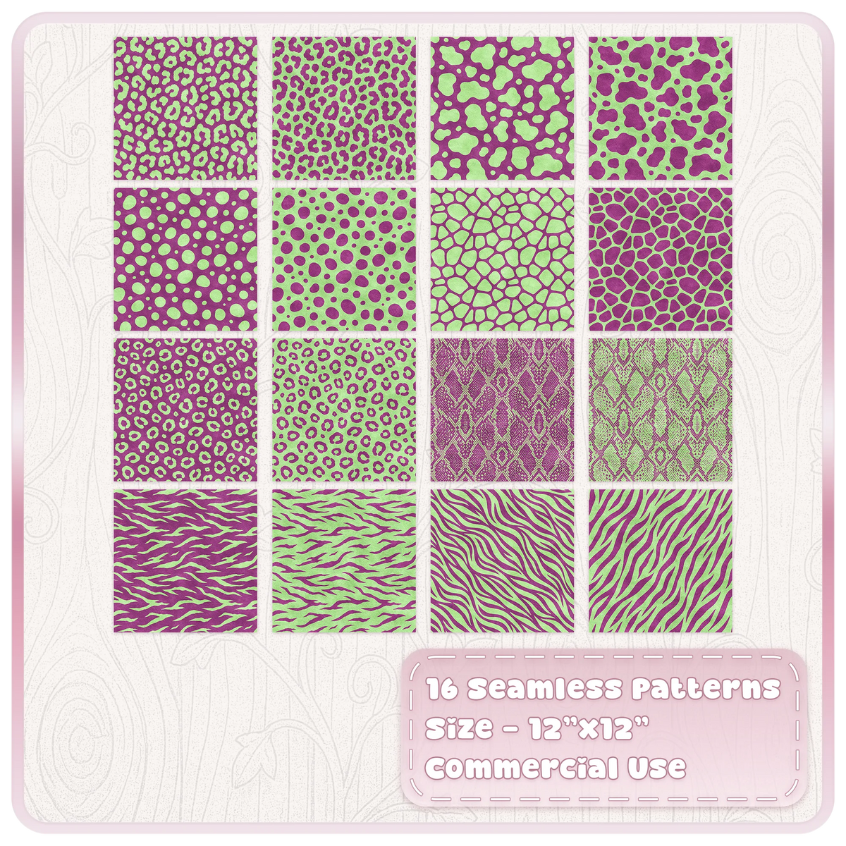Set of 16 green and raspberry seamless animal print digital papers including leopard, zebra, snake and spotted designs