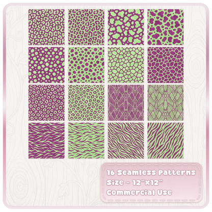 Set of 16 green and raspberry seamless animal print digital papers including leopard, zebra, snake and spotted designs