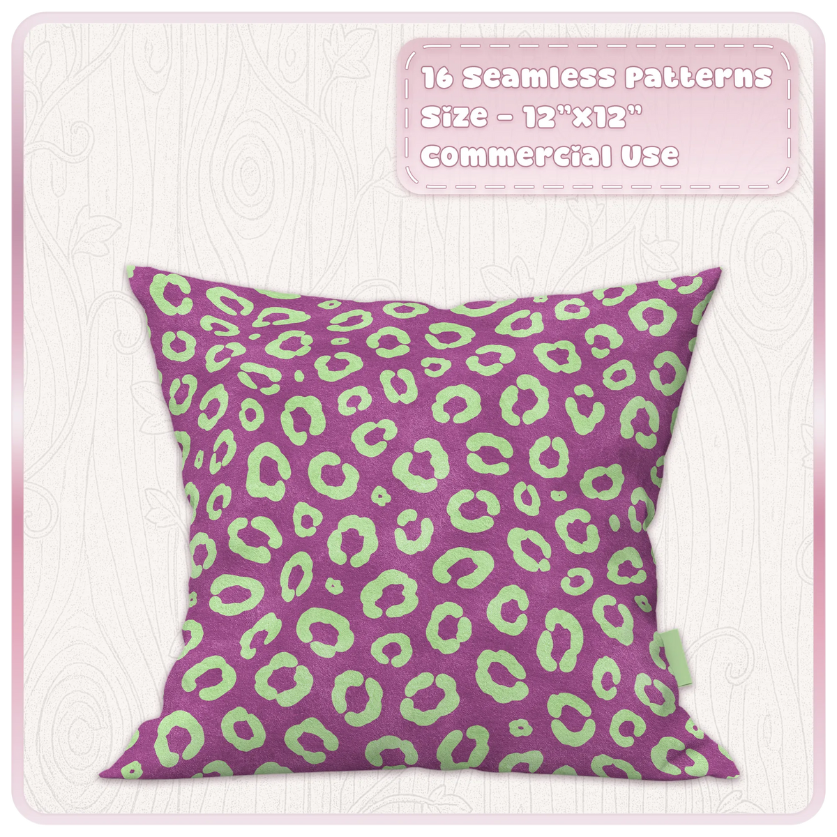 Raspberry cushion mockup featuring a mint green leopard seamless pattern from the Mint Crush digital paper collection