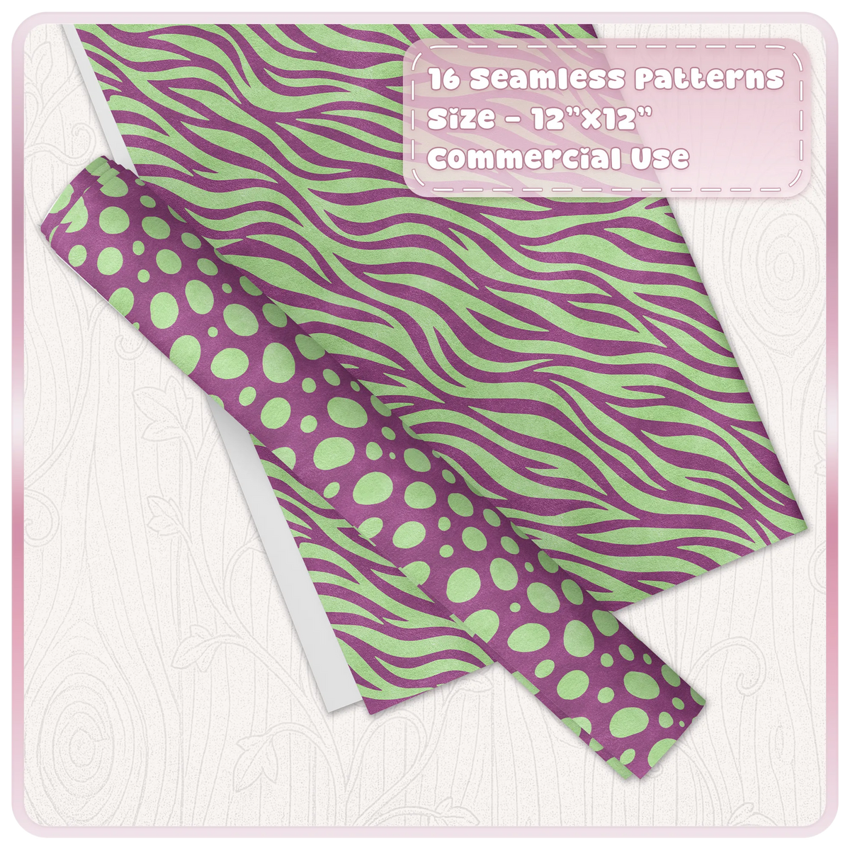 Mint green and raspberry zebra and spotted animal print patterns shown on digital paper and wrapping paper mockups