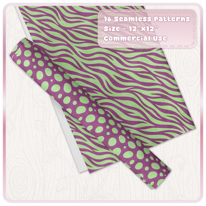 Mint green and raspberry zebra and spotted animal print patterns shown on digital paper and wrapping paper mockups