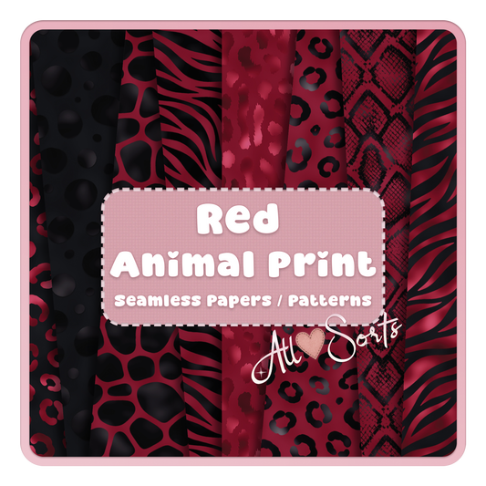 Red animal print seamless digital paper pack featuring leopard, zebra, giraffe and snakeskin patterns in black and red for scrapbooking and commercial use.