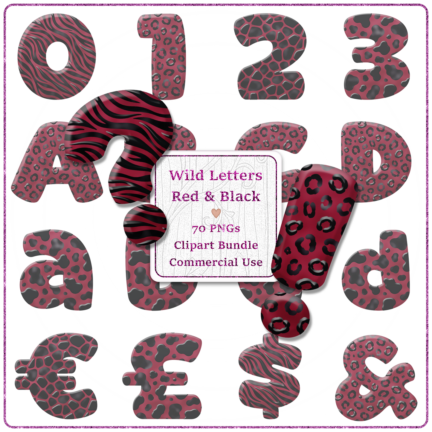 Red Animal Print Letters & Numbers Clipart Bundle 70 PNGs