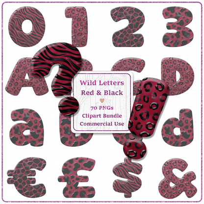 Red Animal Print Letters & Numbers Clipart Bundle 70 PNGs